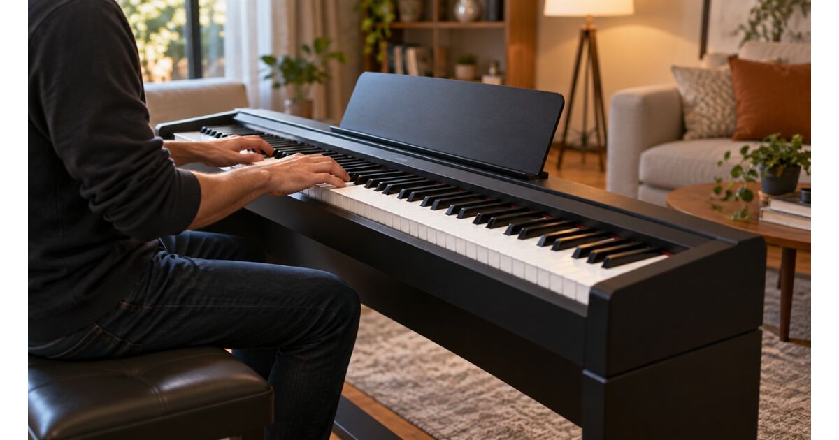 Piano digital sobre estante com banqueta em sala de estar