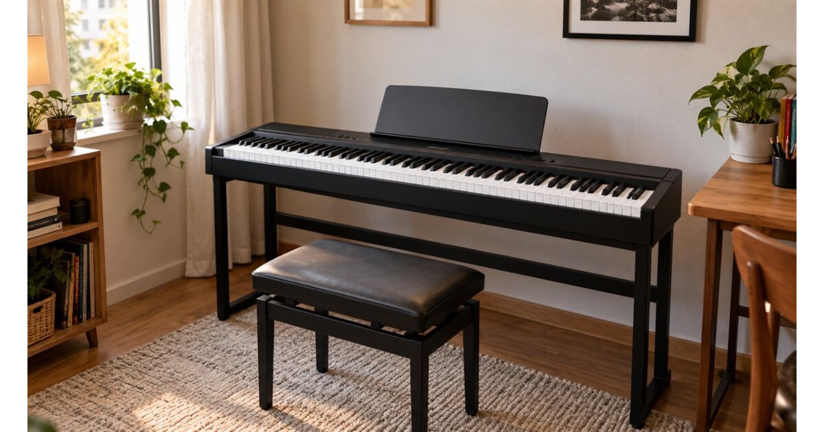 Piano digital compacto em estante com banqueta
