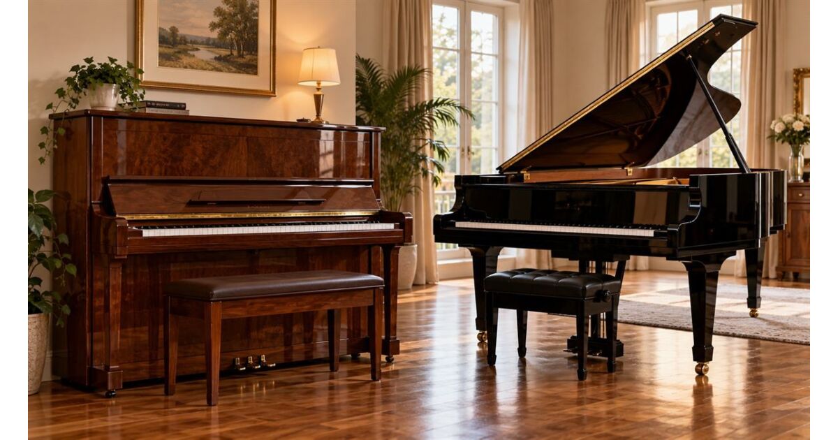 Piano acústico vertical ao lado de um piano de cauda