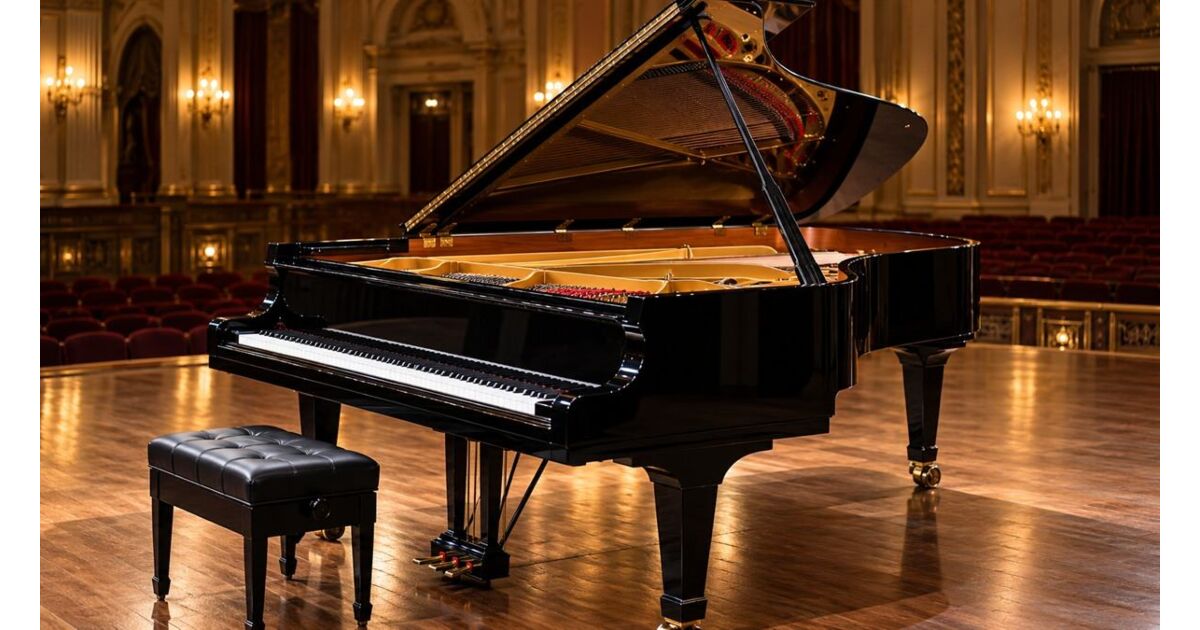 Piano de cauda preto polido com tampa aberta