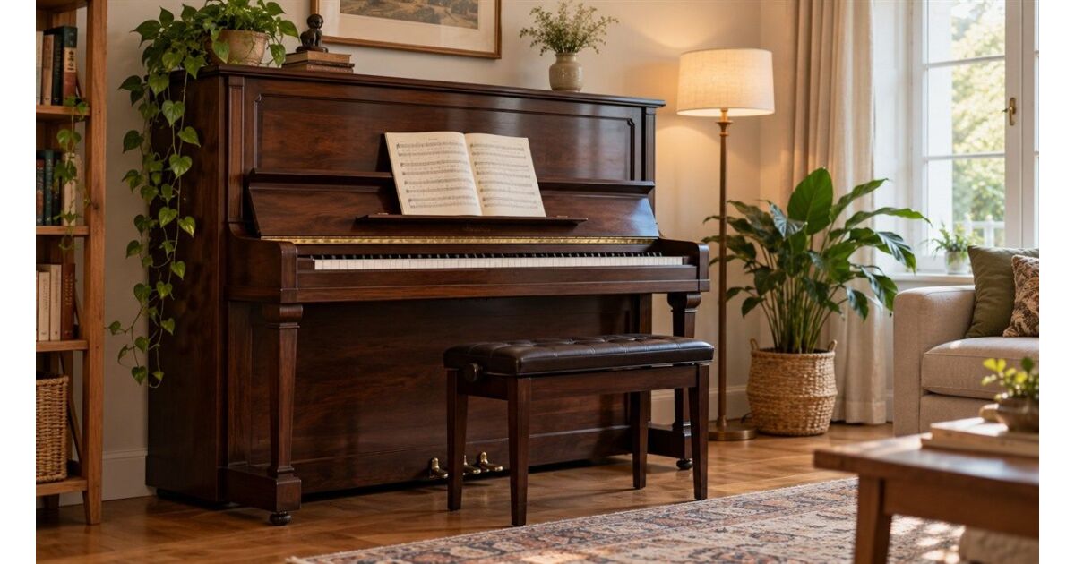 Piano acústico vertical de madeira com partitura