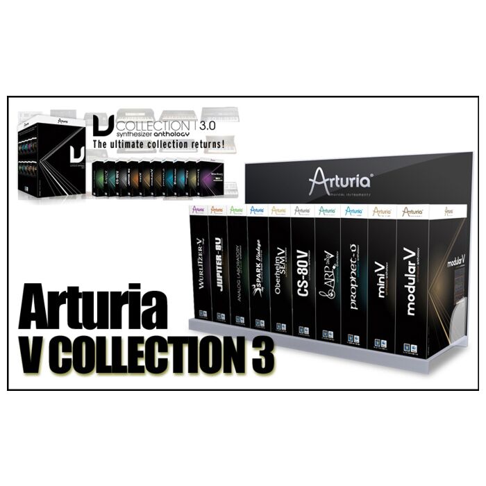 Arturia v-collection 3 software Pacote de Plugins estórico Arturia contento Mini V, Modular V, CS-80V, ARP2600 V, Prophet V & Prophet VS, Jupiter 8-V, Oberheim SEM V, V Wurlitzer, o Spark Vintage, Laboratório Analógico com mais 30 kits de baterias clássic