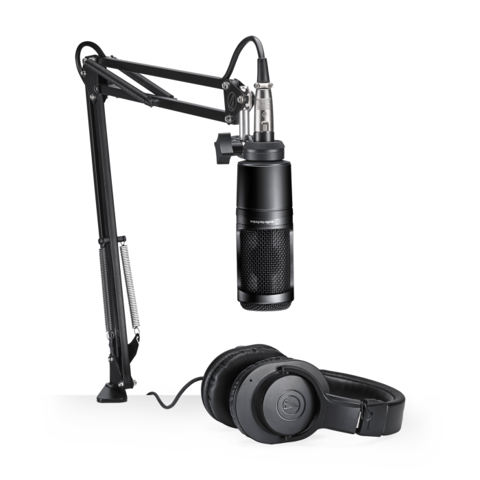 O pacote de microfone vocal AT2020PK é projetado para streamers, podcasters e outros criadores de conteúdo que precisam de uma configuração de microfone de haste versátil, fácil de instalar e fácil de ajustar.-Audio-Technica AT2020PK Microfone condensador