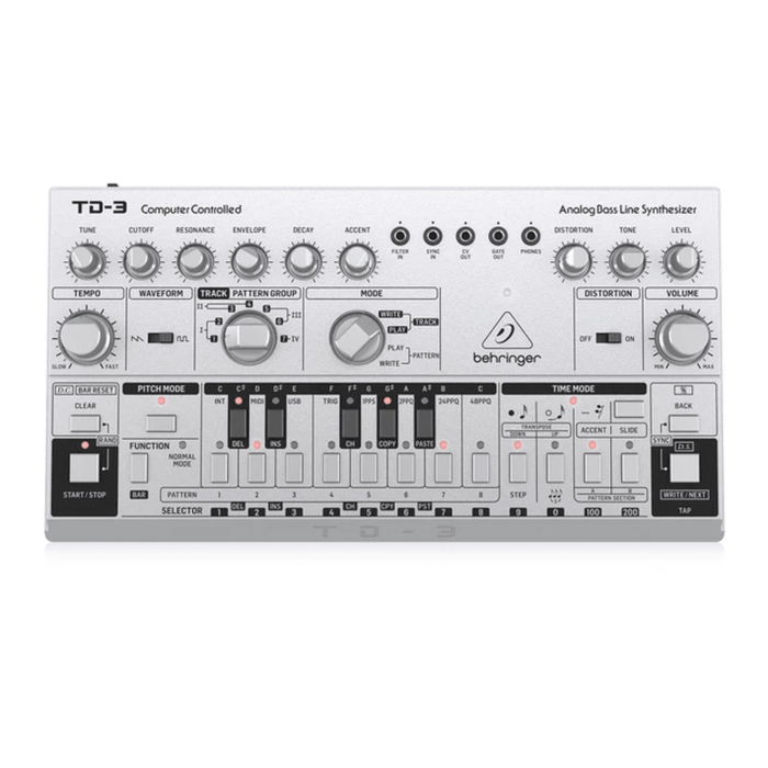 O Behringer TD-3-SR é um sintetizador analógico que oferece um clone do famoso Roland TB-303. Com seu som borbulhante e gritante, é amplamente utilizado na Electronic Dance Music. Possui um sequenciador interno de 16 passos, filtro de ressonância low-pass