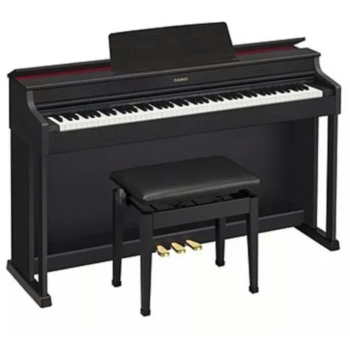 Casio ap-470 celviano piano digital Preto Piano digital com 88 teclas sensitivas (Scaled Hammer Action II de 3 niveis de sensibilidade), com acabamento em ébano e marfim sintético, simulador de abertura do tampo, 256 notas de polifonia, 22 timbres (tecn