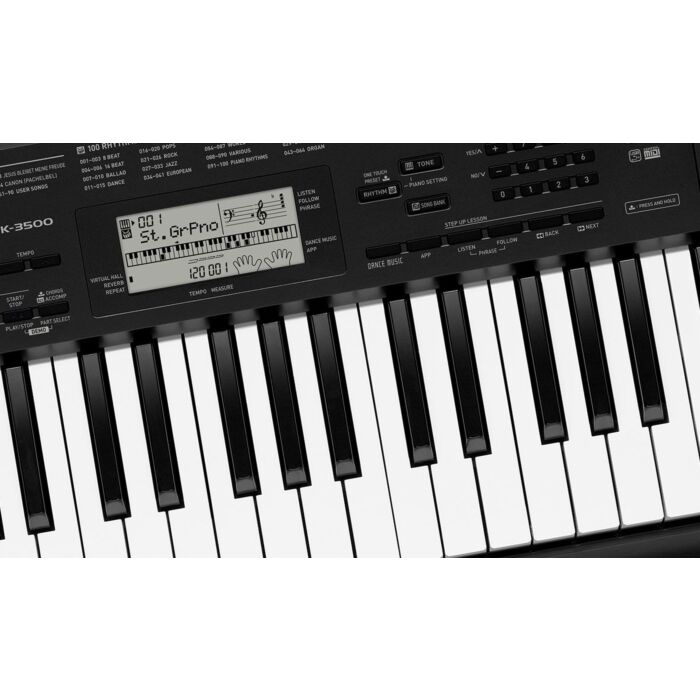 Casio ctk-3500 teclado para estudo Teclado arranjador com 61 teclas, polifonia máxima de 48 notas, dois níveis de sensibilidade de resposta ao toque, 400 sons integra/dos, 60 canções, 100 ritmos, função de Lições, conexão com aplicativo, modo Dance Music.