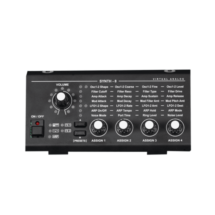 Synth-8 é um sintetizador de dois osciladores e oito vozes com uma reprodução fiel de um clássico filtro analógico multimodo americano com saturação, roll off de 12dB e 24dB e ressonância robusta.-Expansão | Viscount Legend 70s | Synth-8 Module | Teclacen
