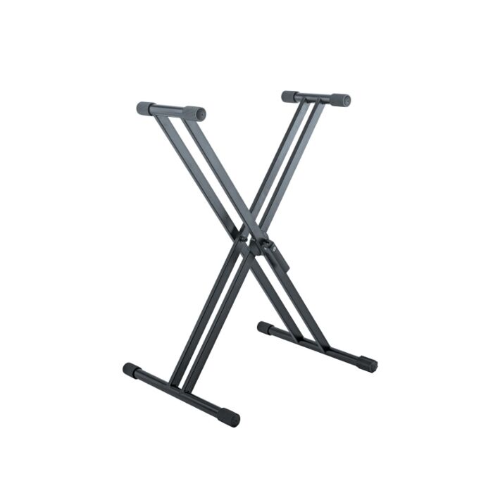König & Meyer KBST18993 Suporte para Teclado Suporte preto em X para teclados e pianos de palco. Feito em aço, com regulagem de 5 passos. Extremidades emborrachadas que podem ser ajustadas em seus eixos ou à largura do teclado. Profundidade máxima de 250m