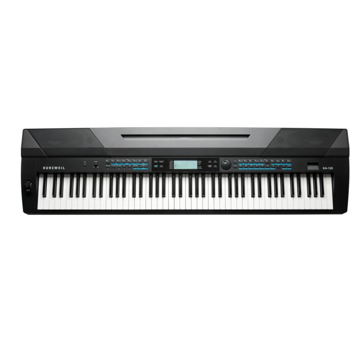O Kurzweil KA120 conta com 88 teclas pesadas com ação de martelo e ajuste de sensibilidade. Você dispõe de uma vasta gama de sons acústicos e eletrônicos.-Kurzweil KA-120 Stage Piano Arranjador 88 teclas - Usado ID-83006