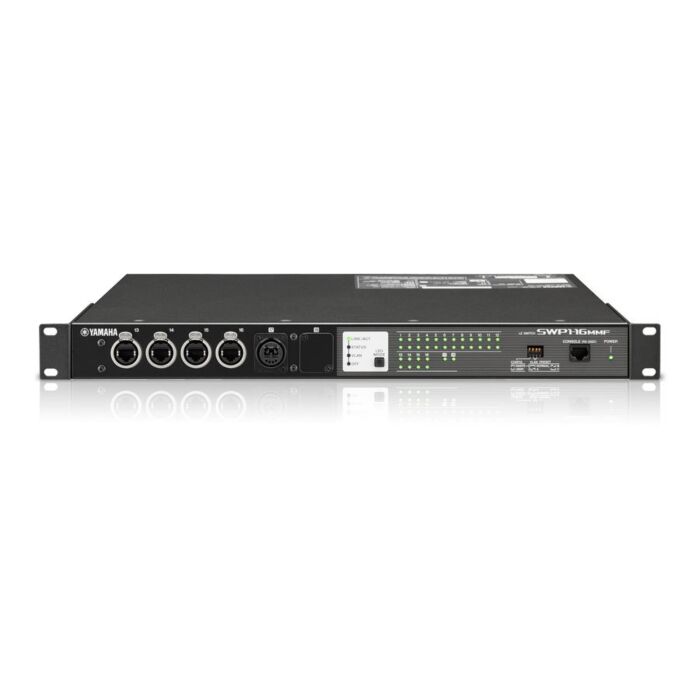 Yamaha SWP1-16MMF Switch Switcher de rede, para transmissão e gerenciamento de áudio via protocolo Dante. Possui 12 conexões padrão etherCON, 4 no padrão RJ45 e 1 trunk de fibra ótica multimodo para longas distâncias. Redundancia simples através de predef