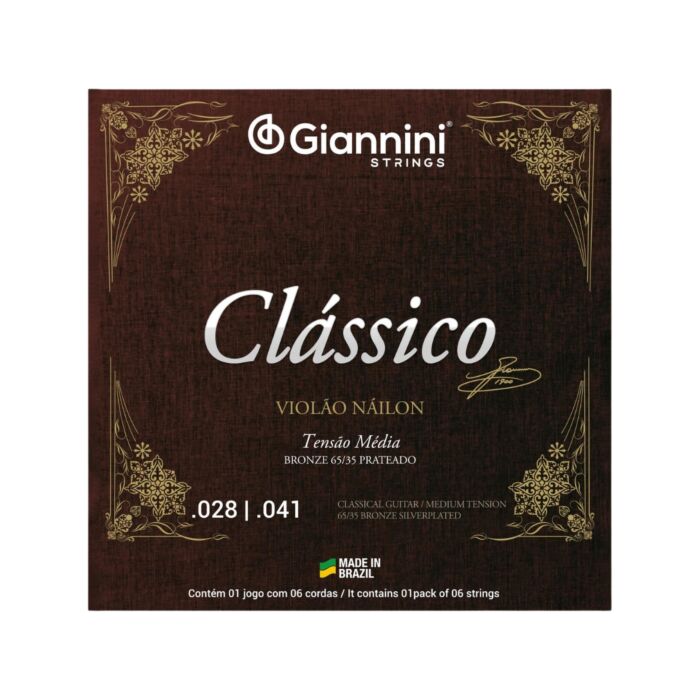 Encordoamento Giannini Clássico P/violão Nylon 65/35 Prateado Média Genwpm 1