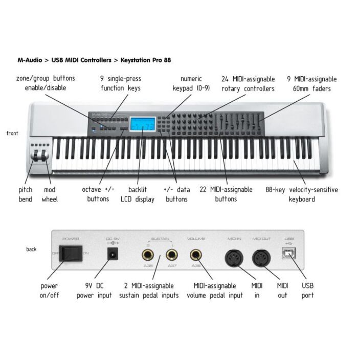 O M-Audio Keystation 88 Pro é um teclado controlador MIDI de 88 teclas, projetado para músicos e produtores que buscam uma experiência de toque autêntica e expressiva. Com uma variedade de recursos avançados, incluindo controles de transporte, botões de o