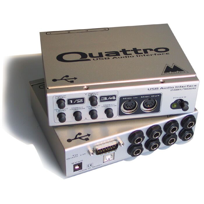 A interface M-Audio Quattro é uma placa de áudio profissional com 4 entradas e 4 saídas de áudio e 1x1 MIDI. Com ela, é possível utilizar seu computador portátil (PC ou Mac) ou qualquer outro dispositivo para gravar e reproduzir áudio com alta qualidade. 