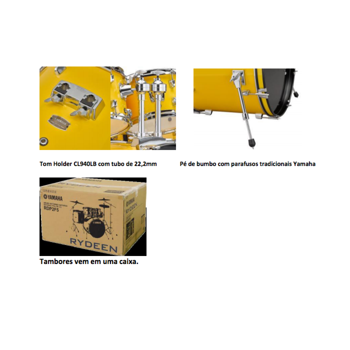 Yamaha rdp2f5 rydeen 22 bgg bateria acustica 5 peças RYDEEN RDP2F5, Toms 10 e 12, surdos de chão 16, Bumbo 22, Caixa de madeira 14x5,5. Acompanha Tom Clamp CL940LB x2 e Ferragem HW680W. Cor Burgundy Glitter (BGG)   - Não acompanha Pratos.-yamaha rdp2f5 ry