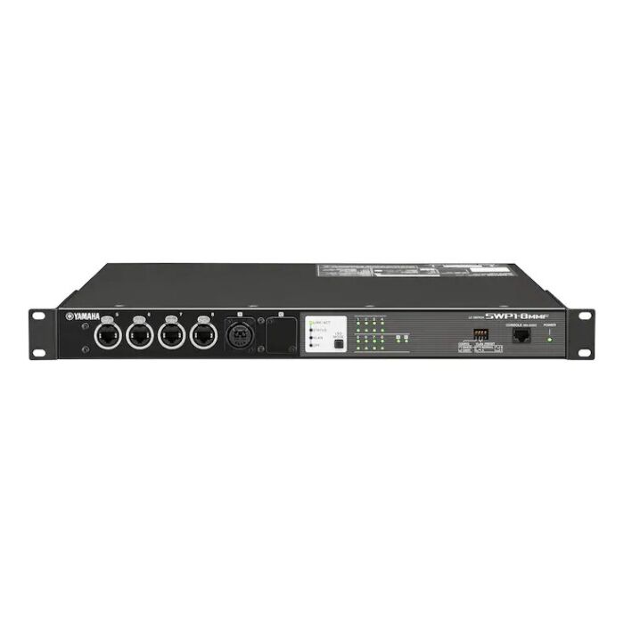 Yamaha SWP1-8MMF Switch Switcher de rede, para transmissão e gerenciamento de áudio via protocolo Dante. Possui 8 conexões padrão etherCON e 1 conexão trunk de fibra ótica multimodo para longas distâncias. Redundancia simples através de predefinições de f
