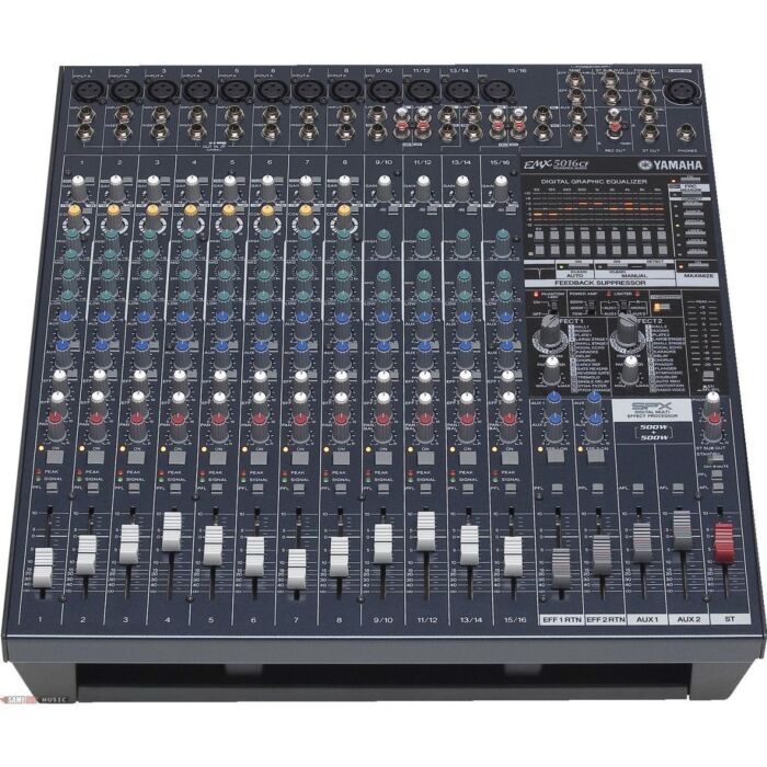 Capacidade de som ao vivo com recursos digitais inovadores. Console de mixer amplificado com 500 watts estéreo, efeitos espetaculares, equalizador gráfico compressor, e proteção contra realimentação de sinal. O equipamento de som ao vivo pode intimidar, m