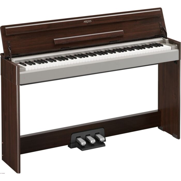Piano Digital de baixo custo com design moderno, tampa com ação suave e 3 pedais. Apenas 30cm de profundidade. Teclado Graded Hammer Standard (GHS) com teclas pretas porosas. 50 canções preset. Acabamento em Dark Alder. O YDP-S31apresenta um design elegan